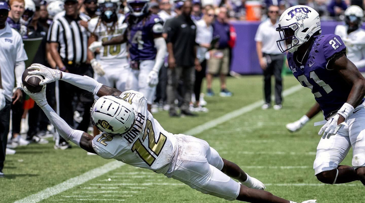 Colorado’s Travis Hunter intercepts a pass vs. TCU.